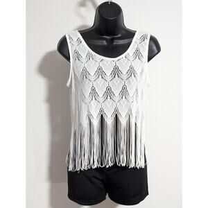 Charlotte Russe White Crochet Fringe Cropped Tank Top Blouse Boho Size Small